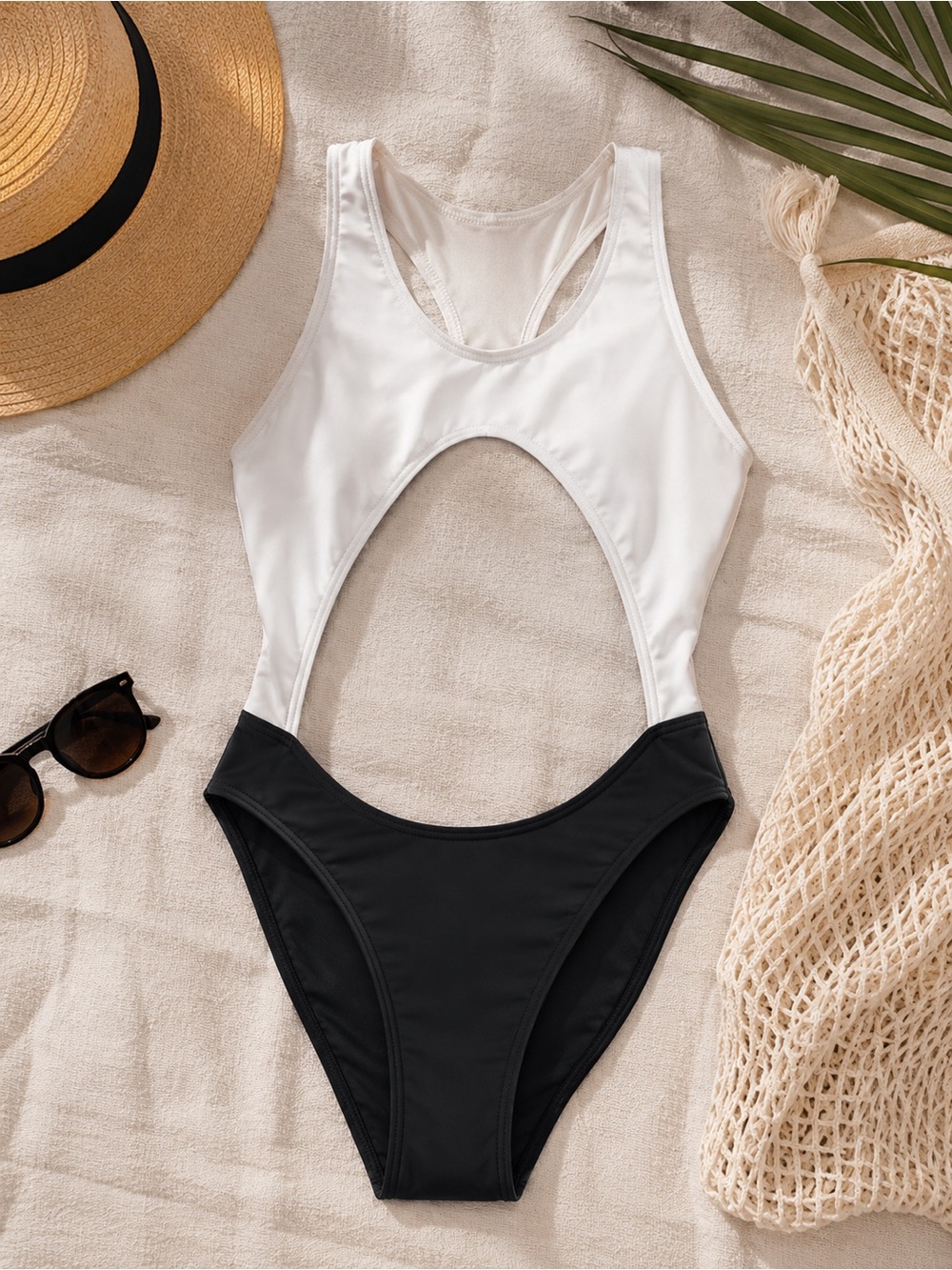 White and Black Cutout One-Piece Swimsuit
